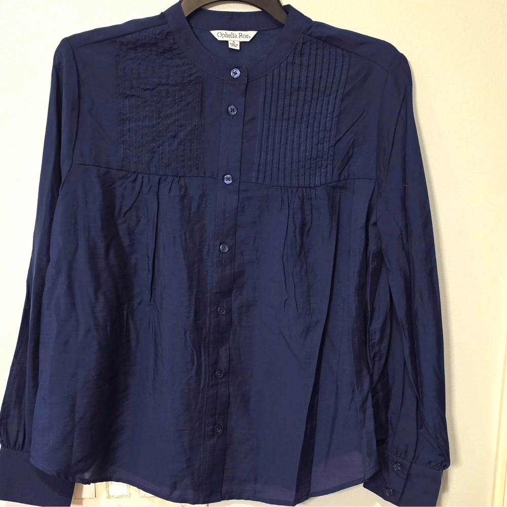 Ophelia Roe Blue Solid Collared Button Front Pleated Long Sleeve Size S #114